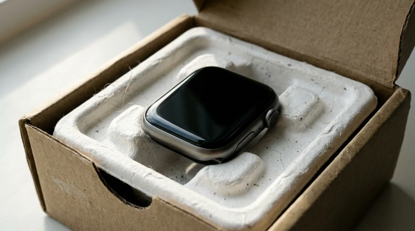Close-up macro photo of a like-new refurbished smartwatch in its protective shipping packaging.