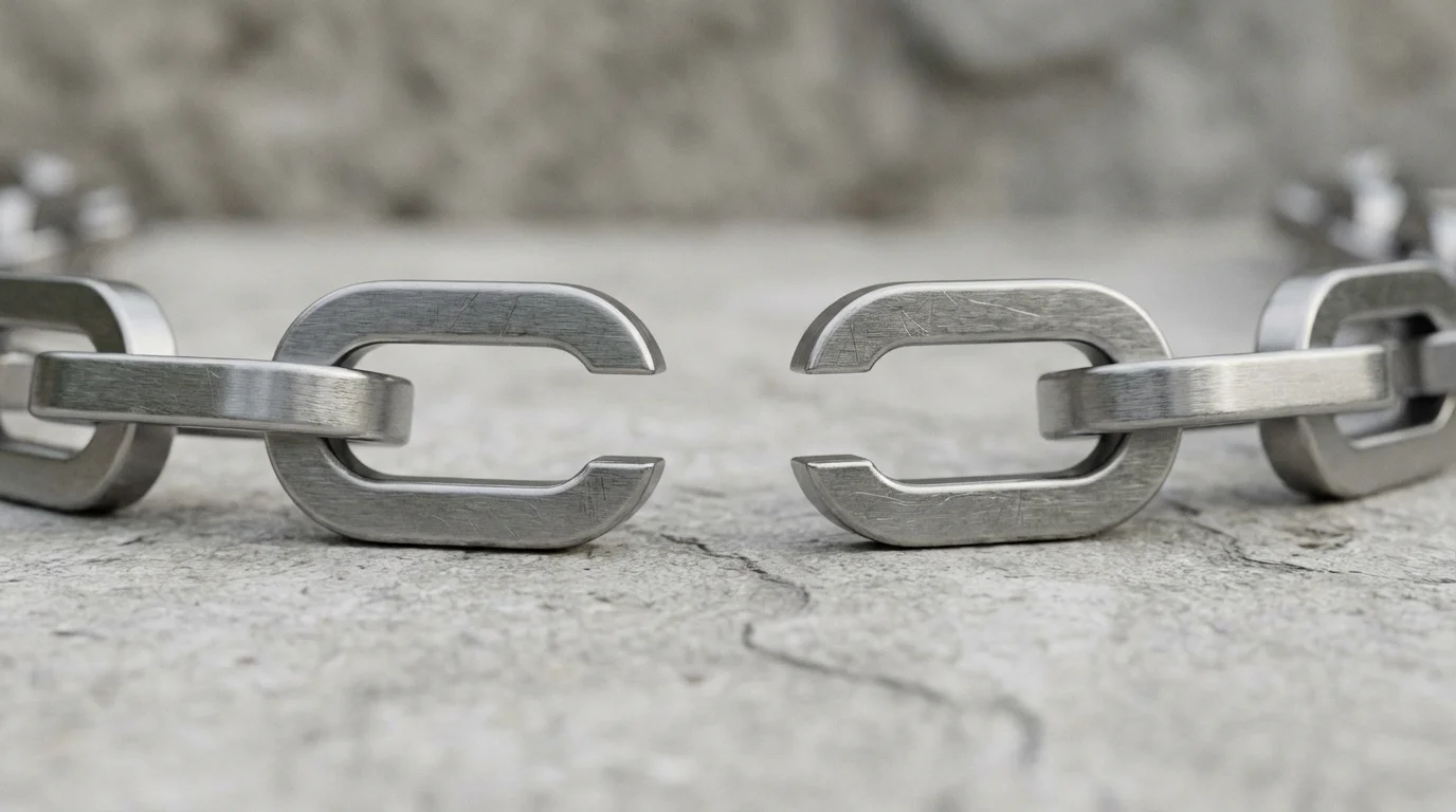 Close-up macro photo of a modern metal chain with a single missing link.