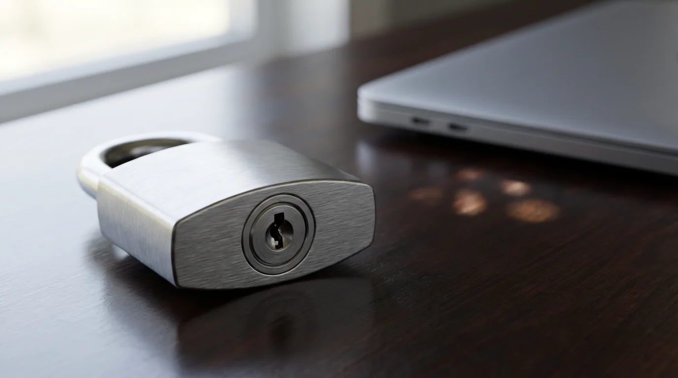 Close-up macro photo of a modern padlock on a desk representing data security.