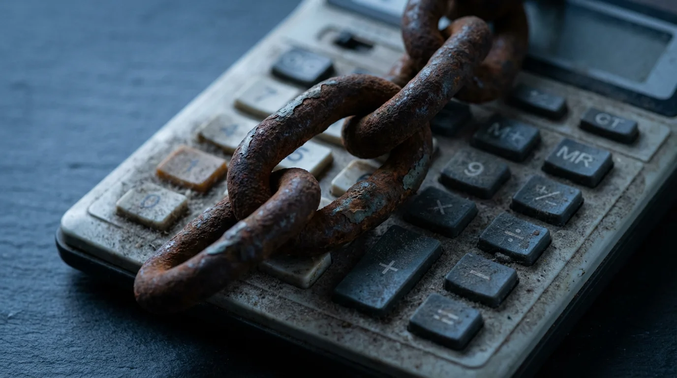 Close-up macro photo of a rusty chain link lying on a dusty vintage calculator.