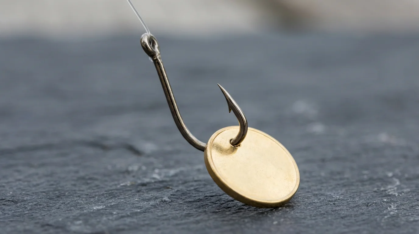 Close-up macro photo of a shiny fake coin used as bait on a fishhook.