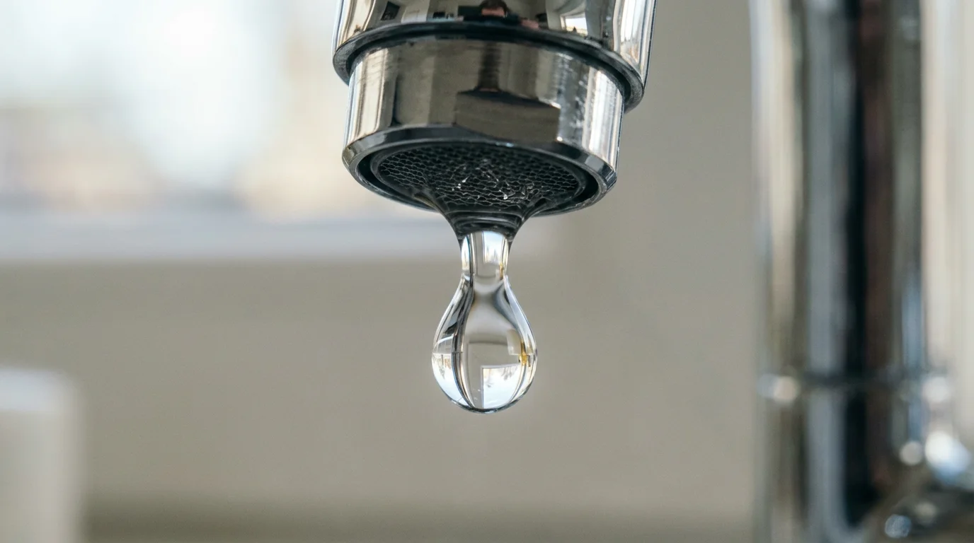 Close-up macro photo of a single water drop falling from a modern chrome faucet.