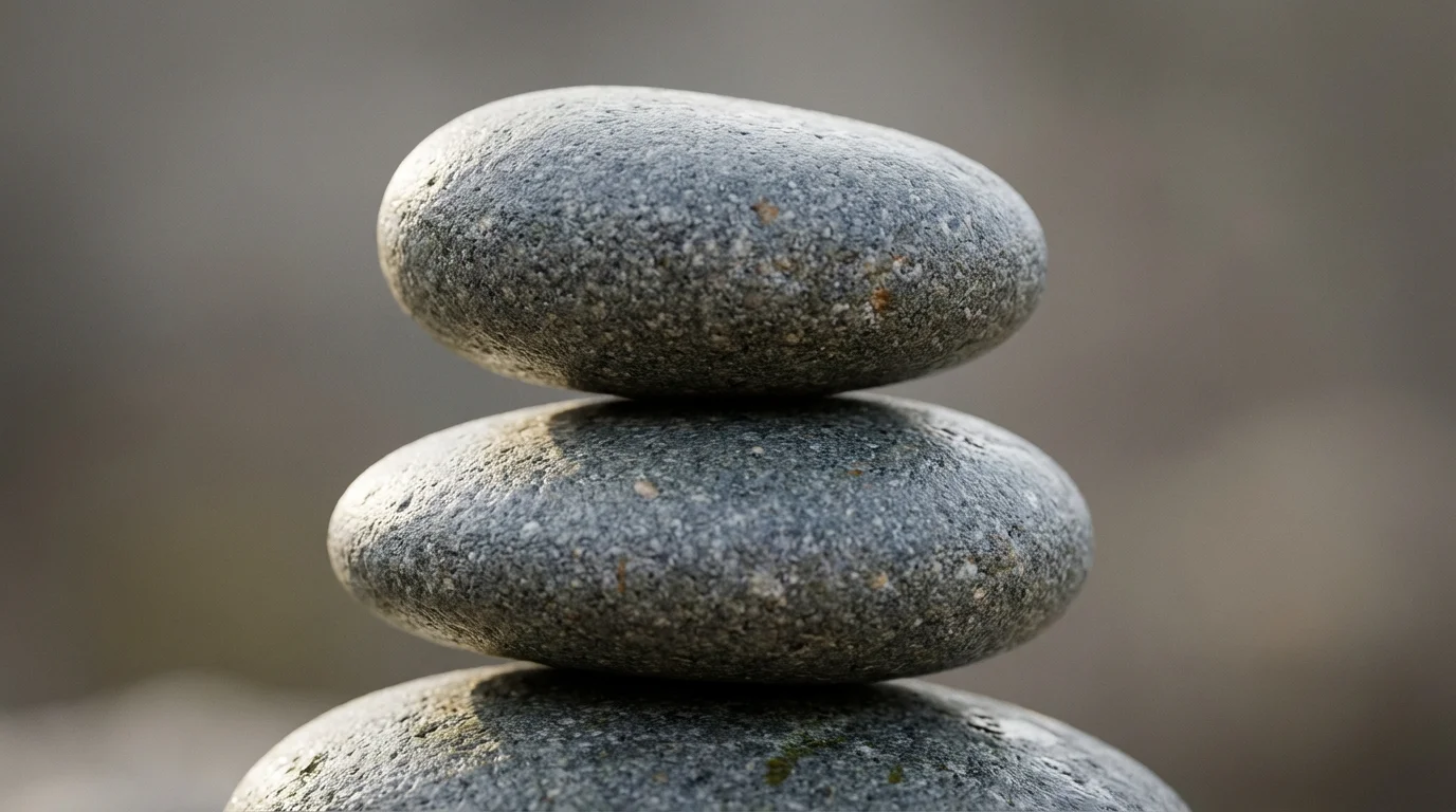 Close-up macro photo of a small, stable stack of smooth, balanced river stones.