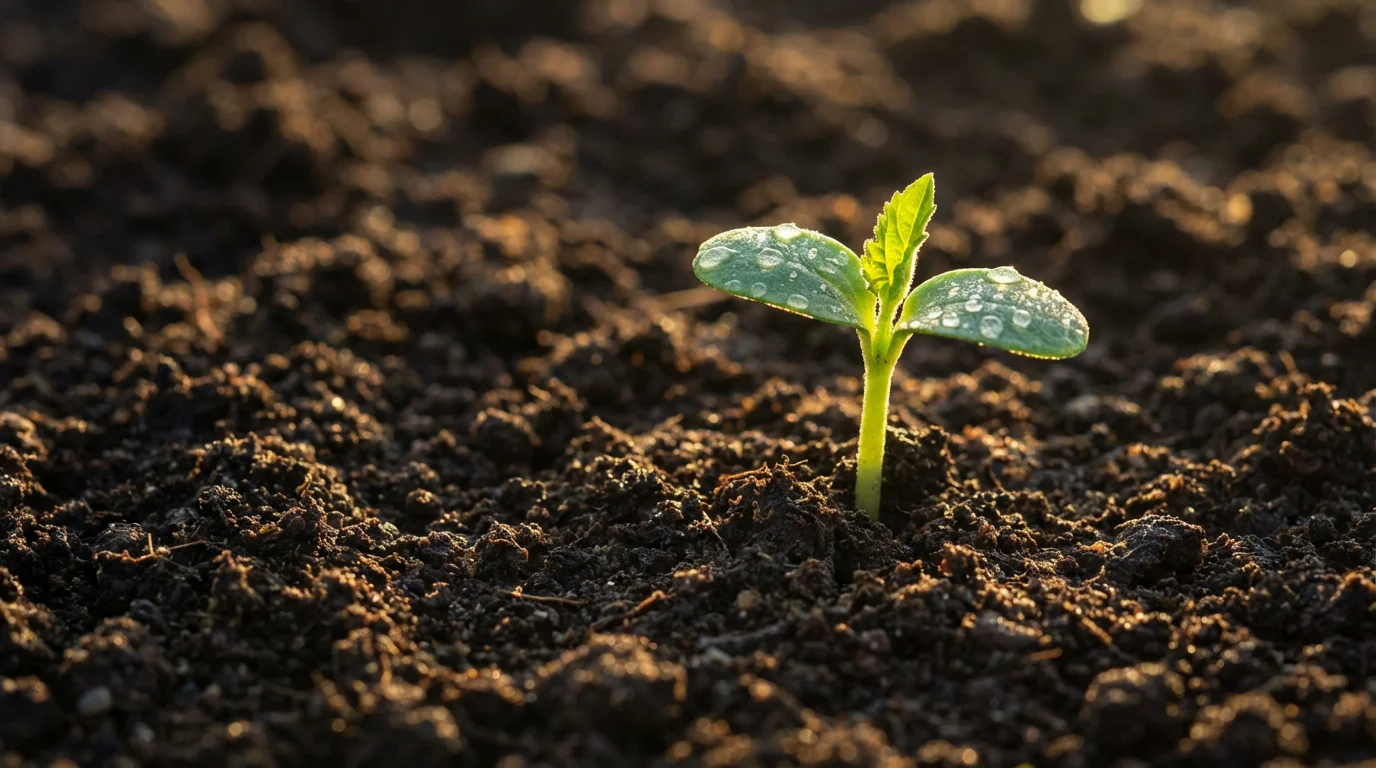 Close-up macro photo of a tiny green sprout growing in soil during sunrise.