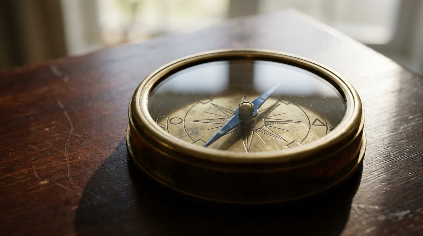 Close-up macro photo of a vintage brass compass providing direction on a wooden desk.