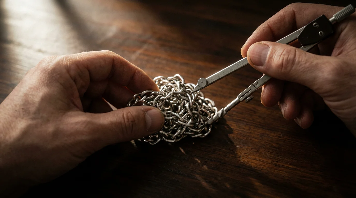 Close-up macro photo of hands using a tool to untangle a knotted silver chain.