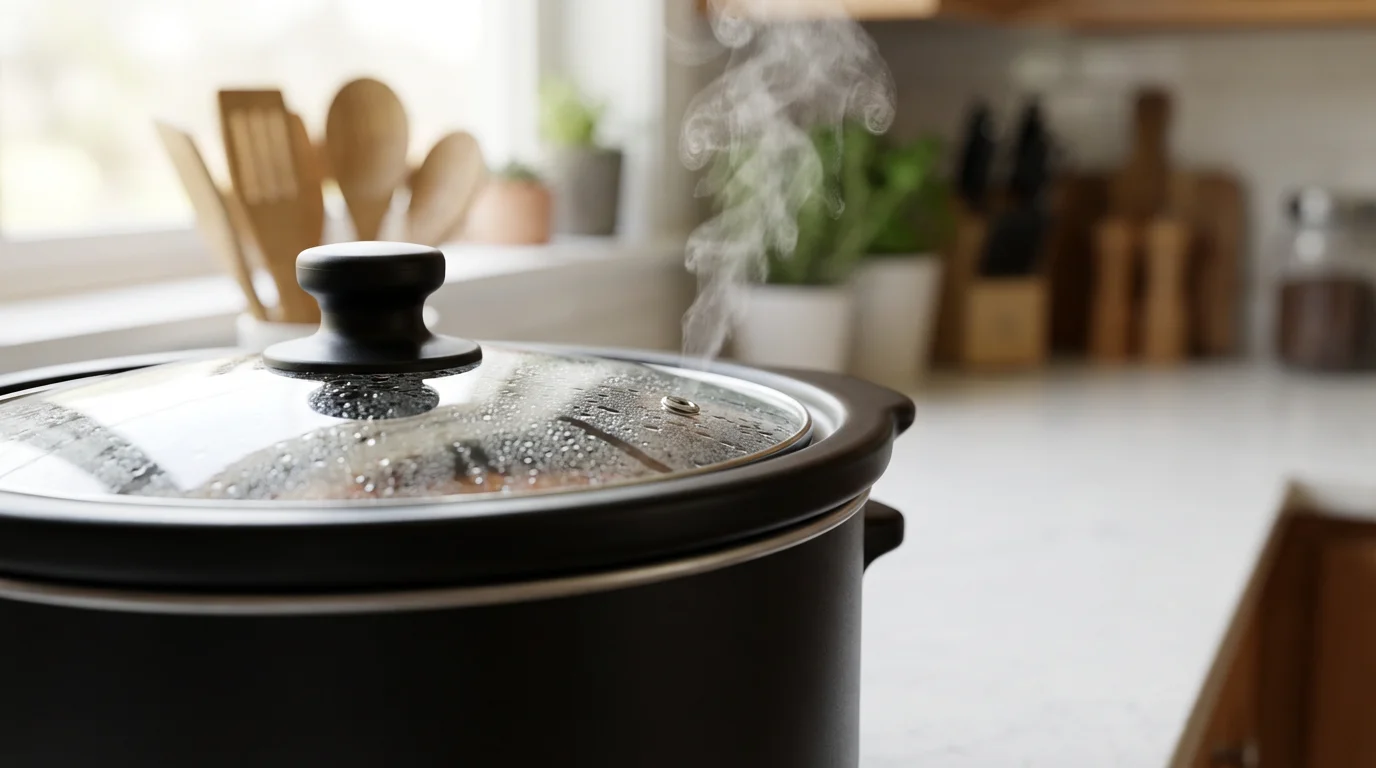 Close-up macro photo of steam escaping from a simmering slow cooker on a countertop.