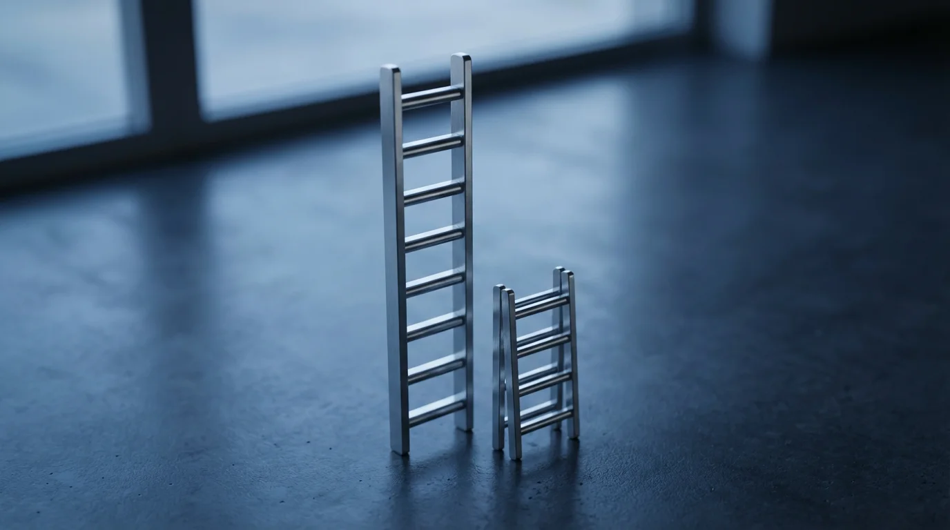 Close-up macro photo of two ladders, one short and one tall, symbolizing growth.