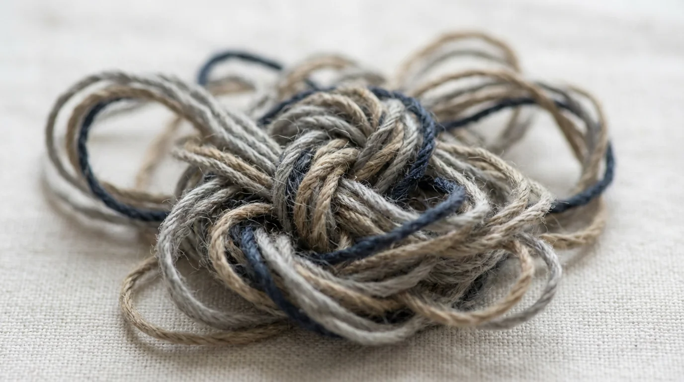 Close-up macro photograph of a complex, tangled knot of different colored threads.