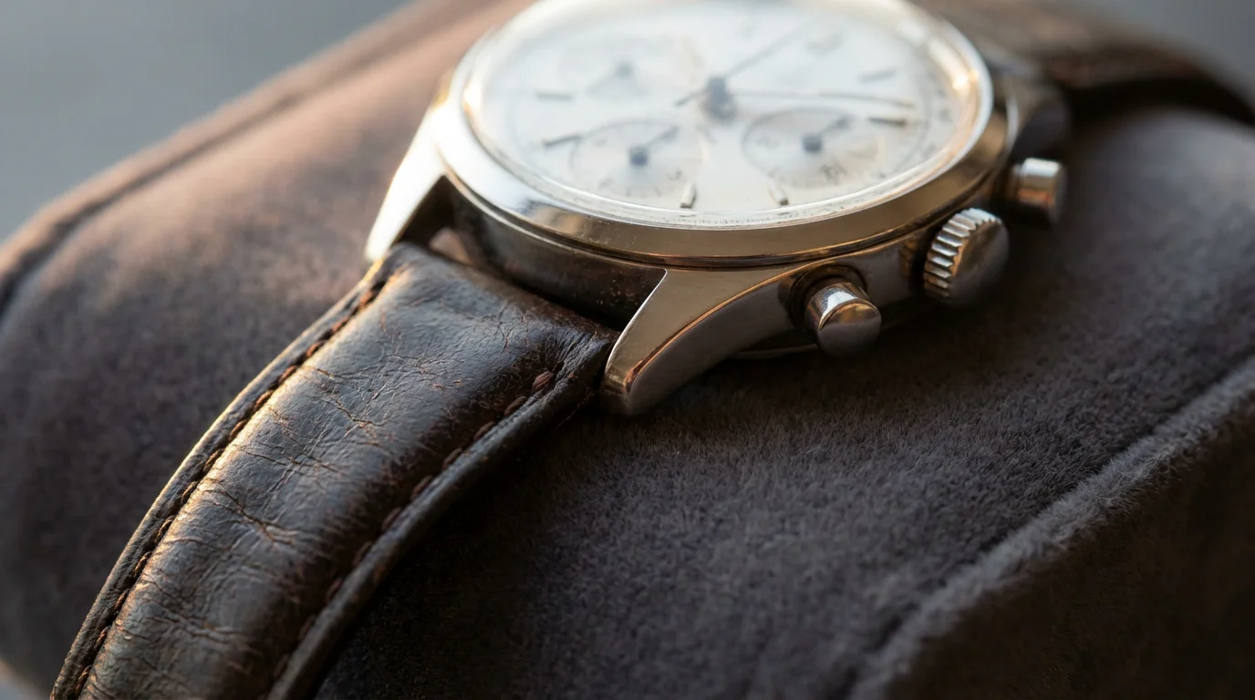 Close-up macro photograph of a high-quality, pre-owned classic watch on a soft velvet surface.