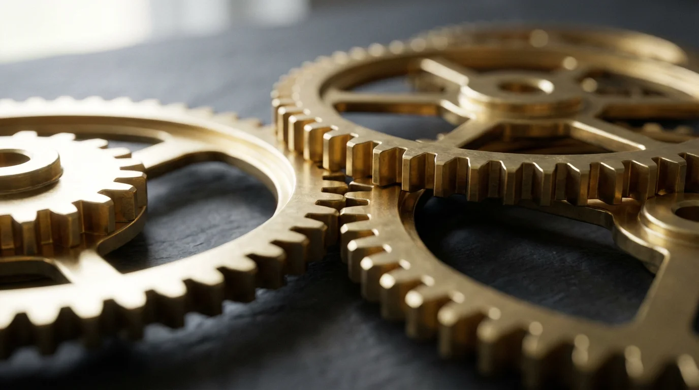 Close-up macro photograph of interlocking modern brass gears on a dark slate surface.