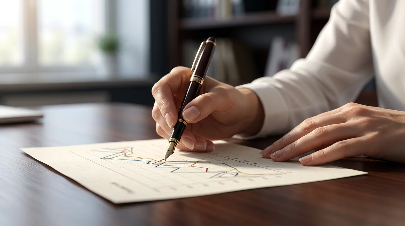 Close-up macro shot of a financial professional's hand pointing at a complex graph.