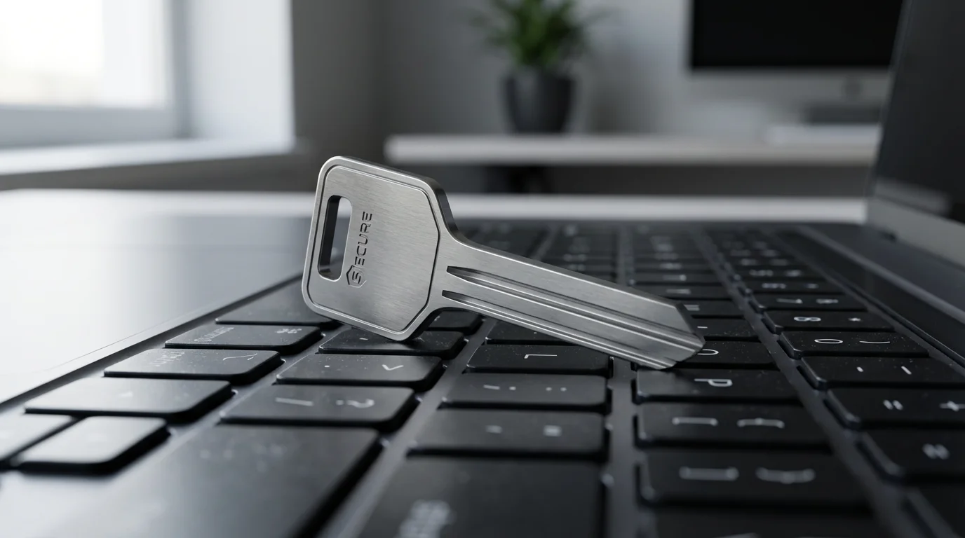 Close-up macro shot of a single modern metal key on a laptop keyboard.