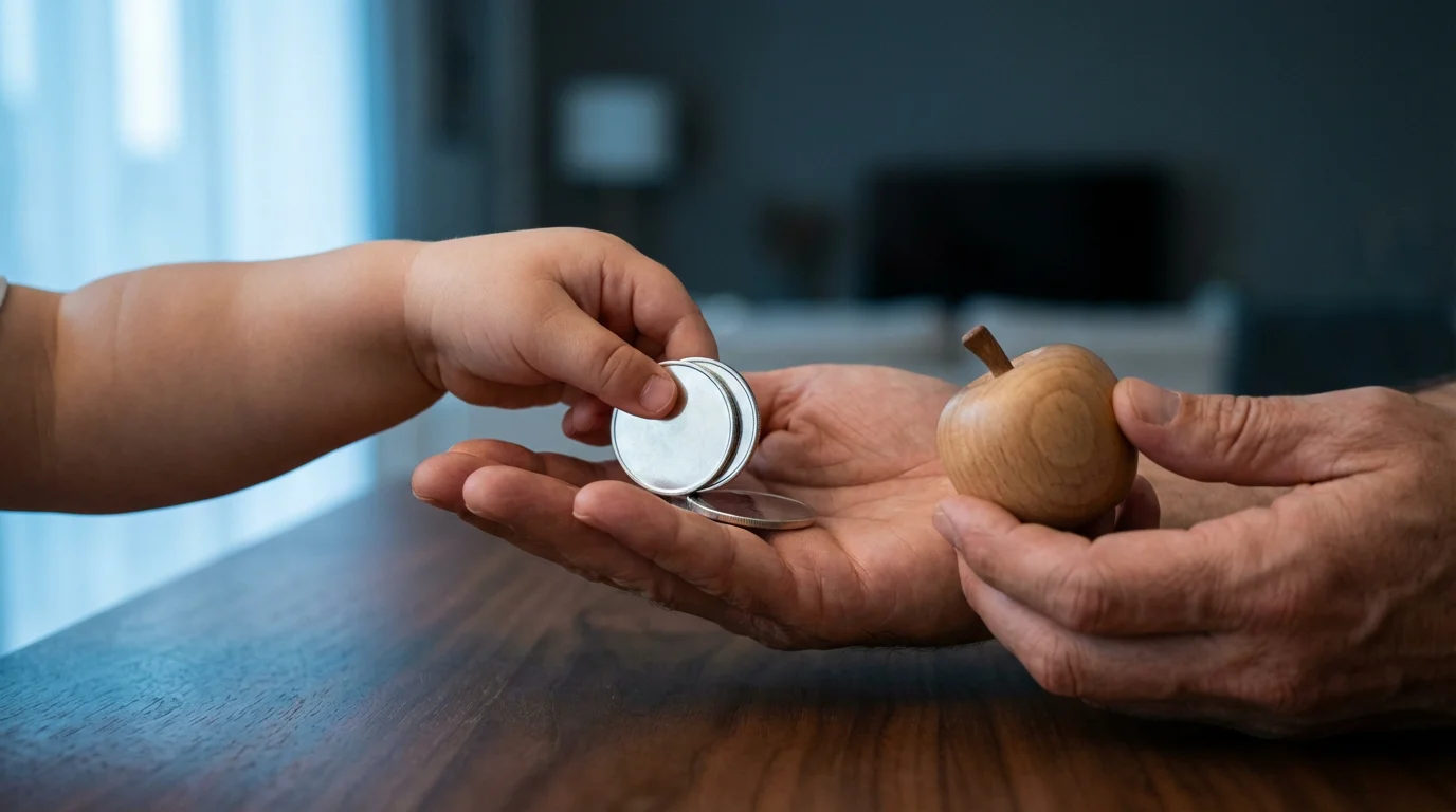 Close-up of a child's hand exchanging shiny coins for a small toy apple.