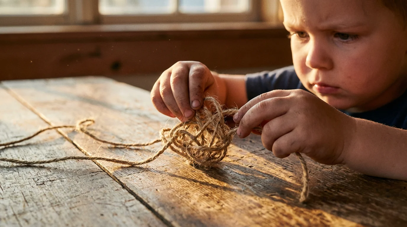 Close-up of a child's hands trying to untangle a difficult knot in twine.