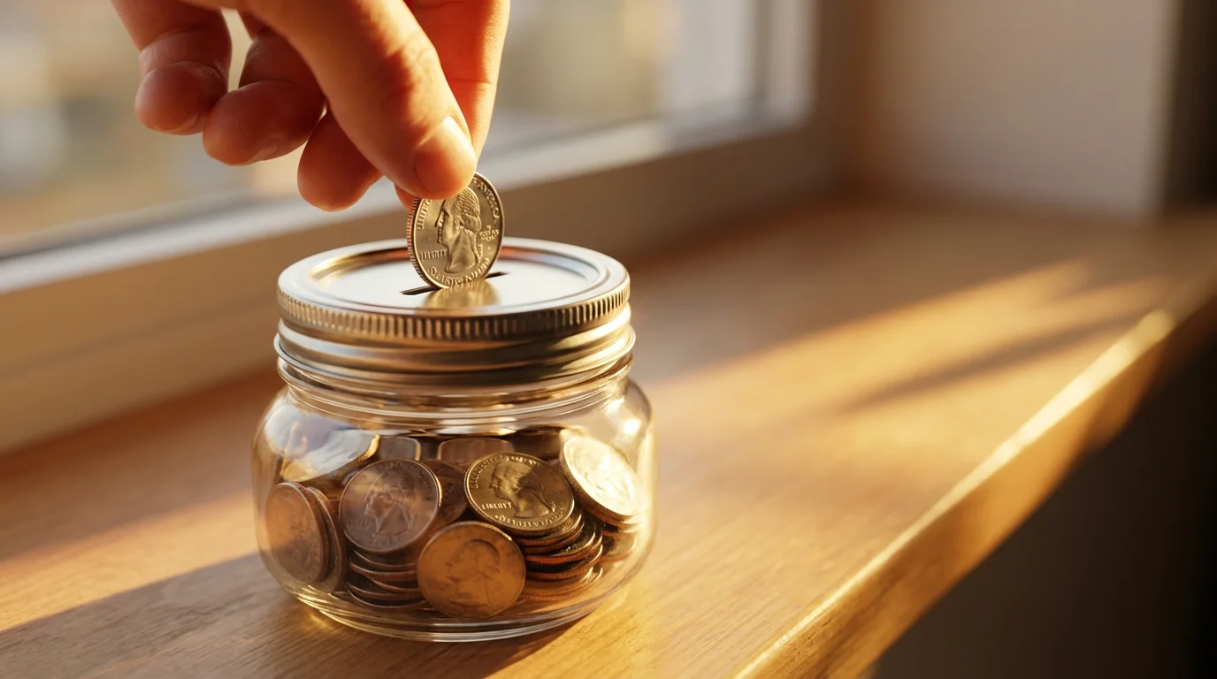 Close-up of a coin being dropped into a clear glass savings jar during golden hour.