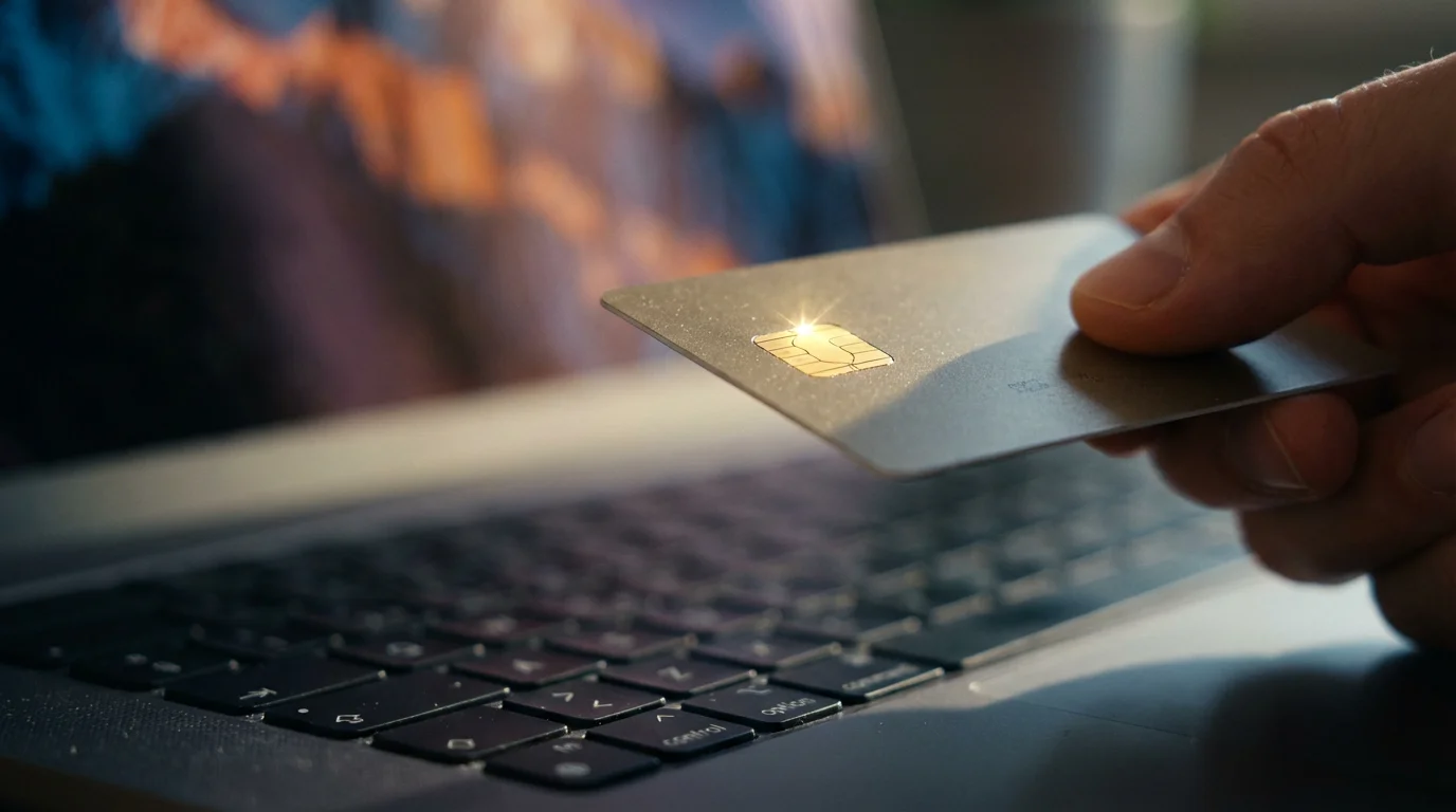 Close-up of a credit card chip held over a laptop keyboard for online shopping.