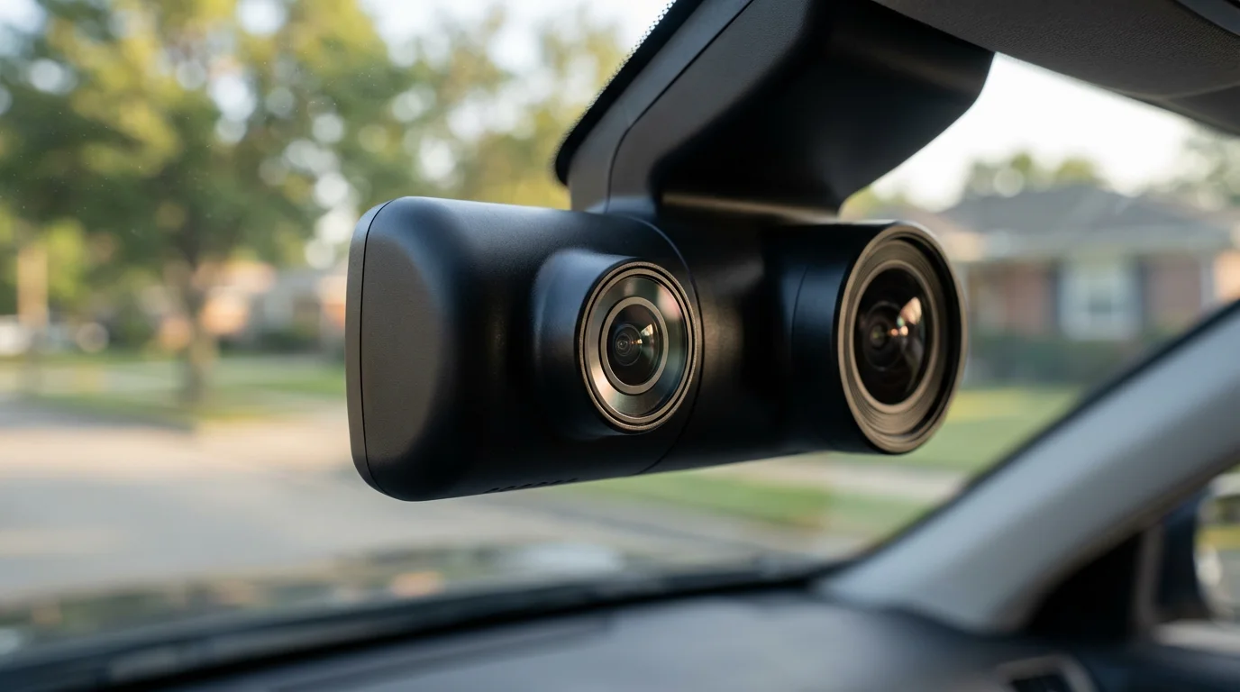 Close-up of a dual-lens dash cam mounted inside a car for driver safety.