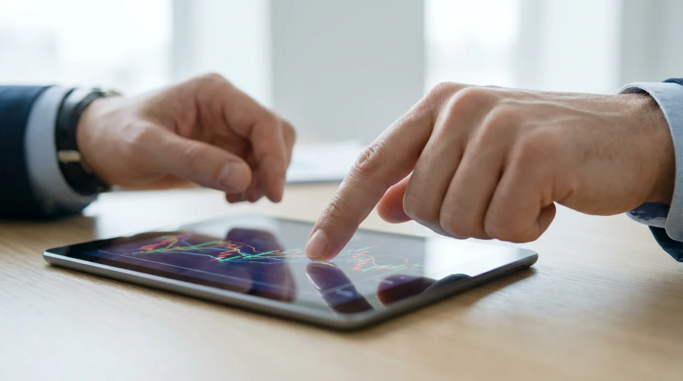 Close-up of a financial professional pointing at a chart on a tablet for a client.