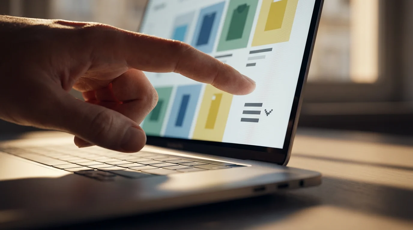 Close-up of a finger sorting products on a laptop screen for online shopping.