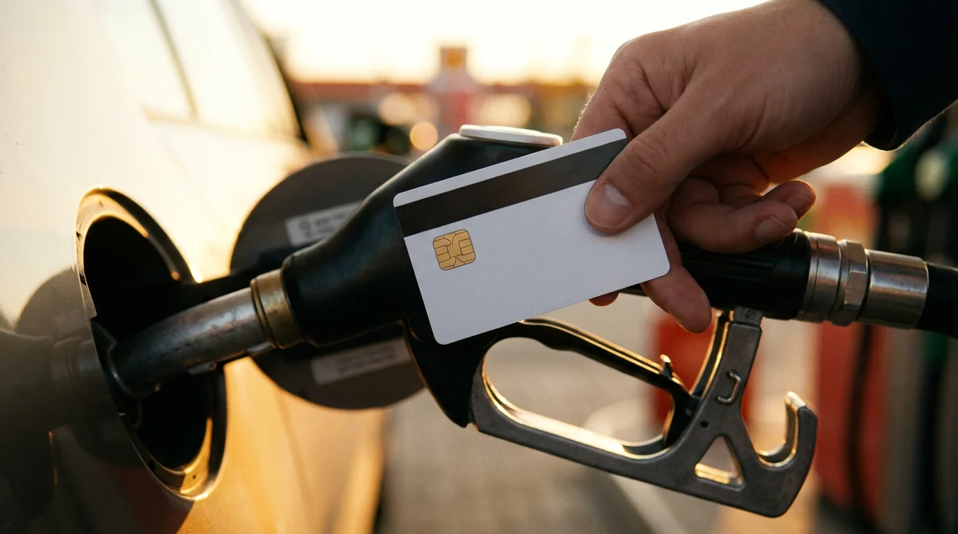 Close-up of a generic credit card held next to a gas pump nozzle.