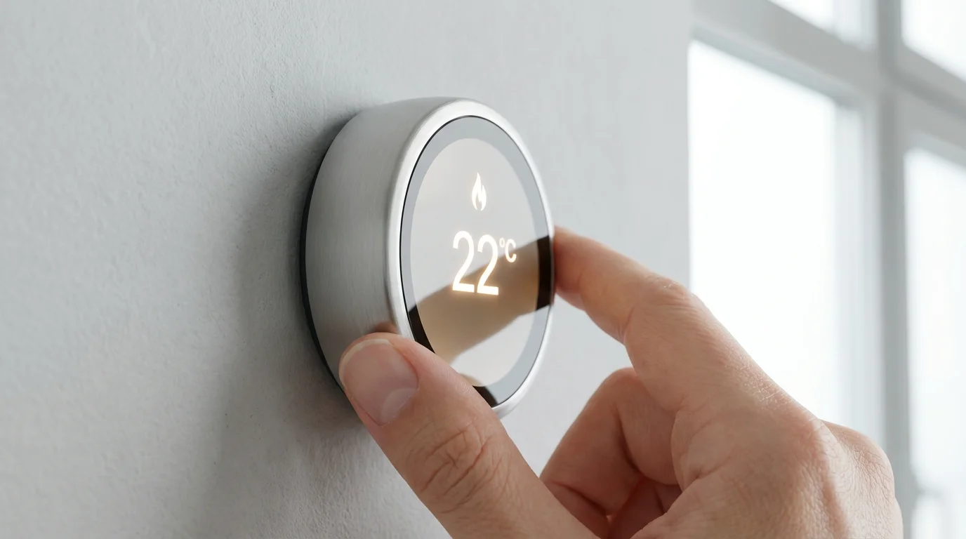 Close-up of a hand adjusting a sleek, modern smart thermostat to save on energy bills.