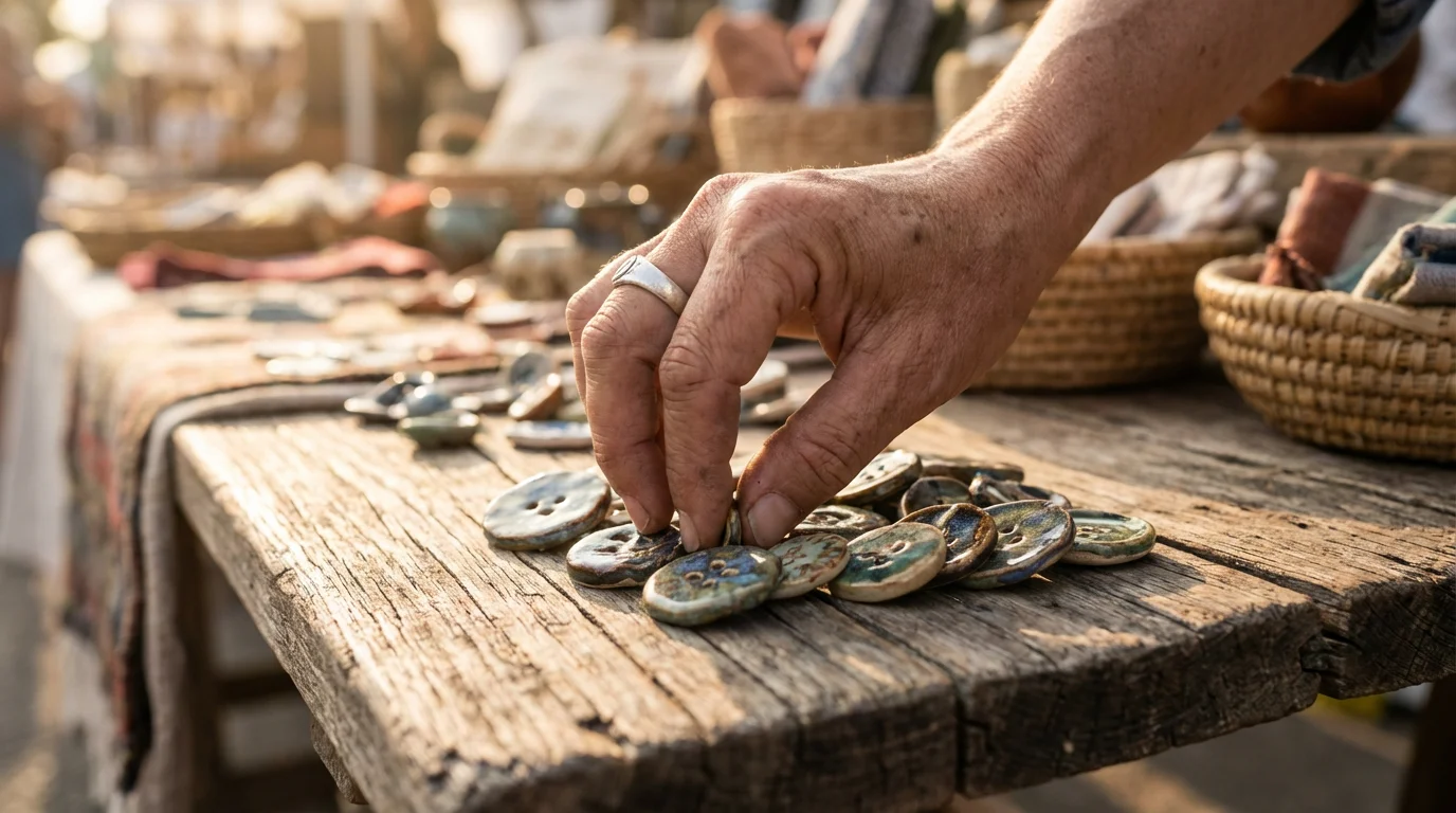 Close-up of a hand arranging a small pile of handcrafted buttons during golden hour.