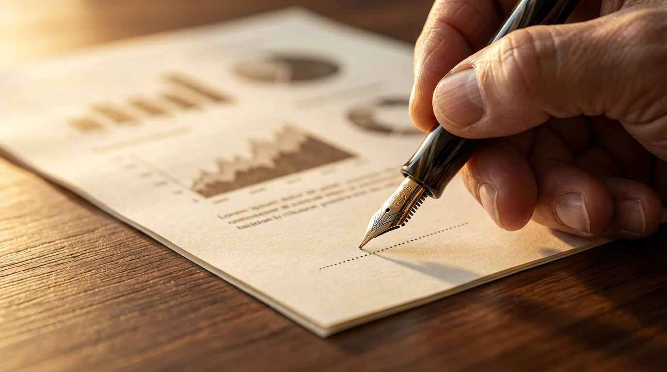 Close-up of a hand holding a fountain pen over a financial document's signature line.