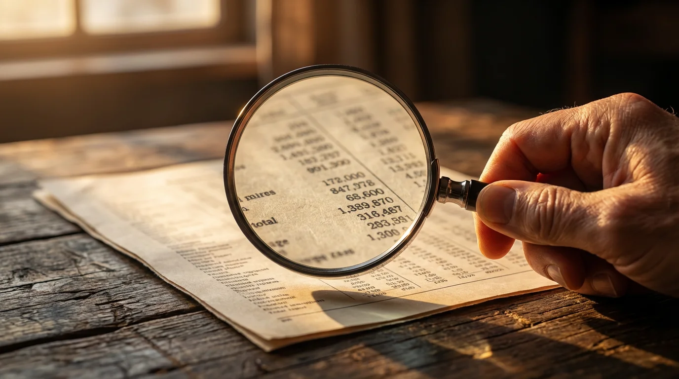 Close-up of a hand holding a magnifying glass over a financial document at sunset.