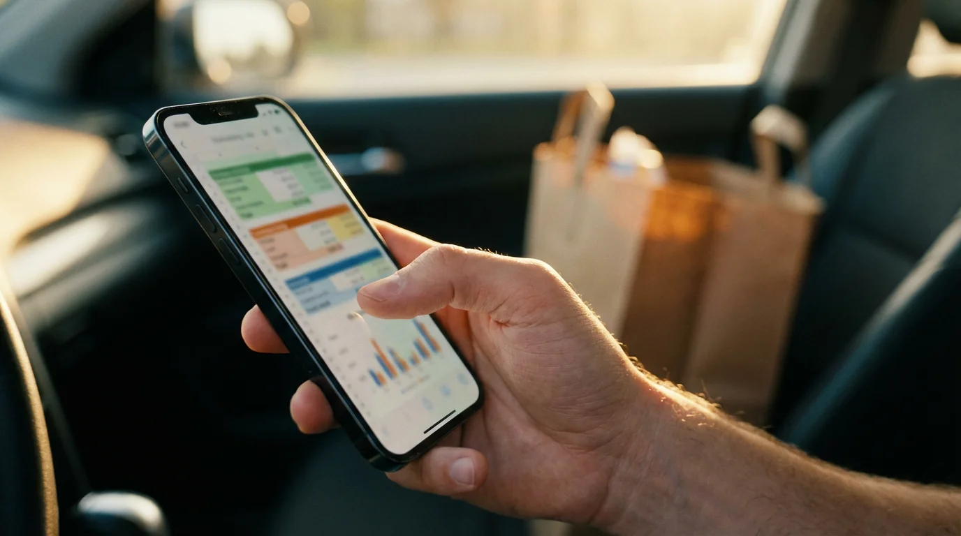 Close-up of a hand holding a smartphone with a blurred budget spreadsheet app.
