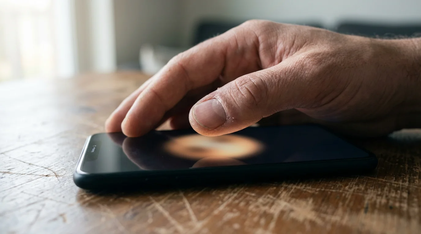Close-up of a hand holding a smartphone, thumb poised to make a call.