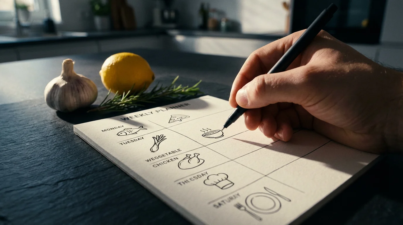 Close-up of a hand meal planning with icons and fresh ingredients in moody lighting.