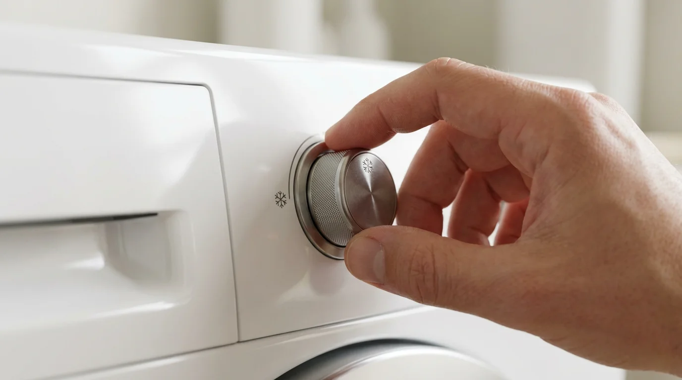Close-up of a hand setting a modern washing machine to a cold water cycle.