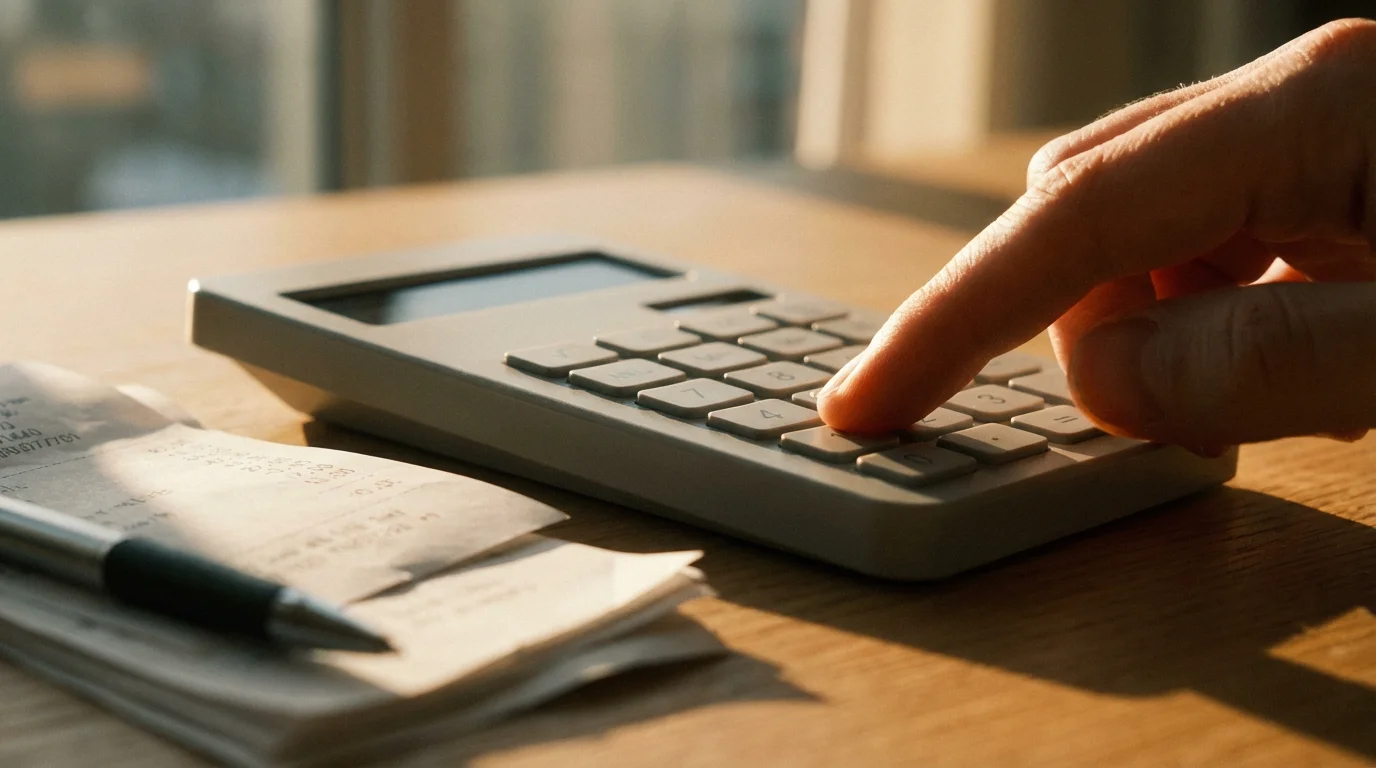 Close-up of a hand using a calculator next to a stack of receipts.