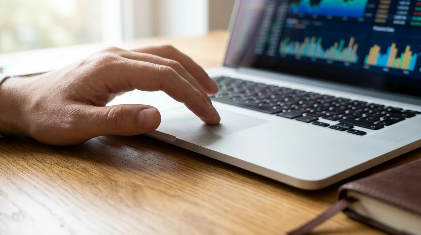 Close-up of a hand using a laptop trackpad with a blurred Excel spreadsheet onscreen.