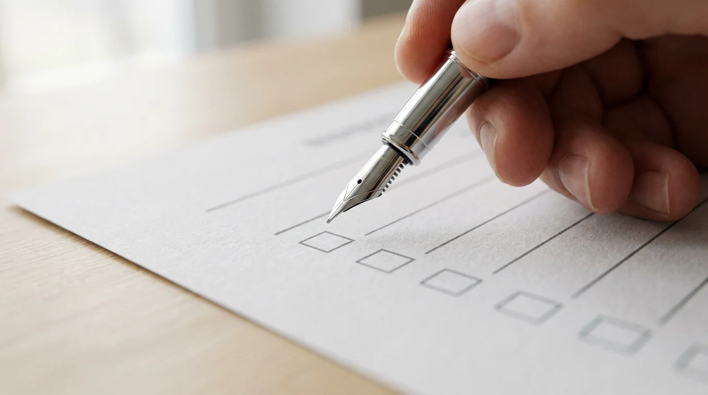 Close-up of a hand with a pen checking a box on a form.