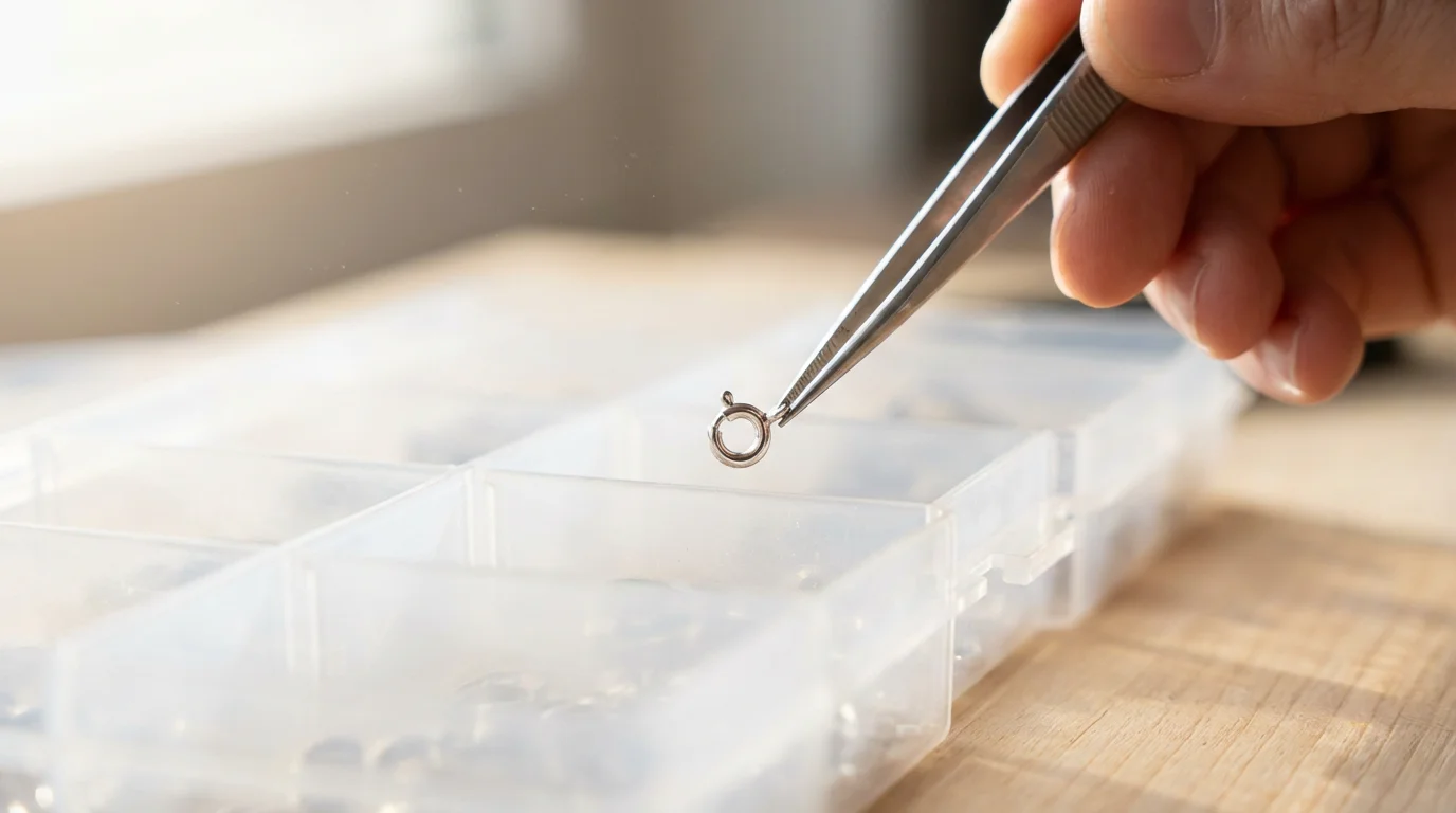 Close-up of a hand with tweezers organizing small silver jewelry clasps into a tray.