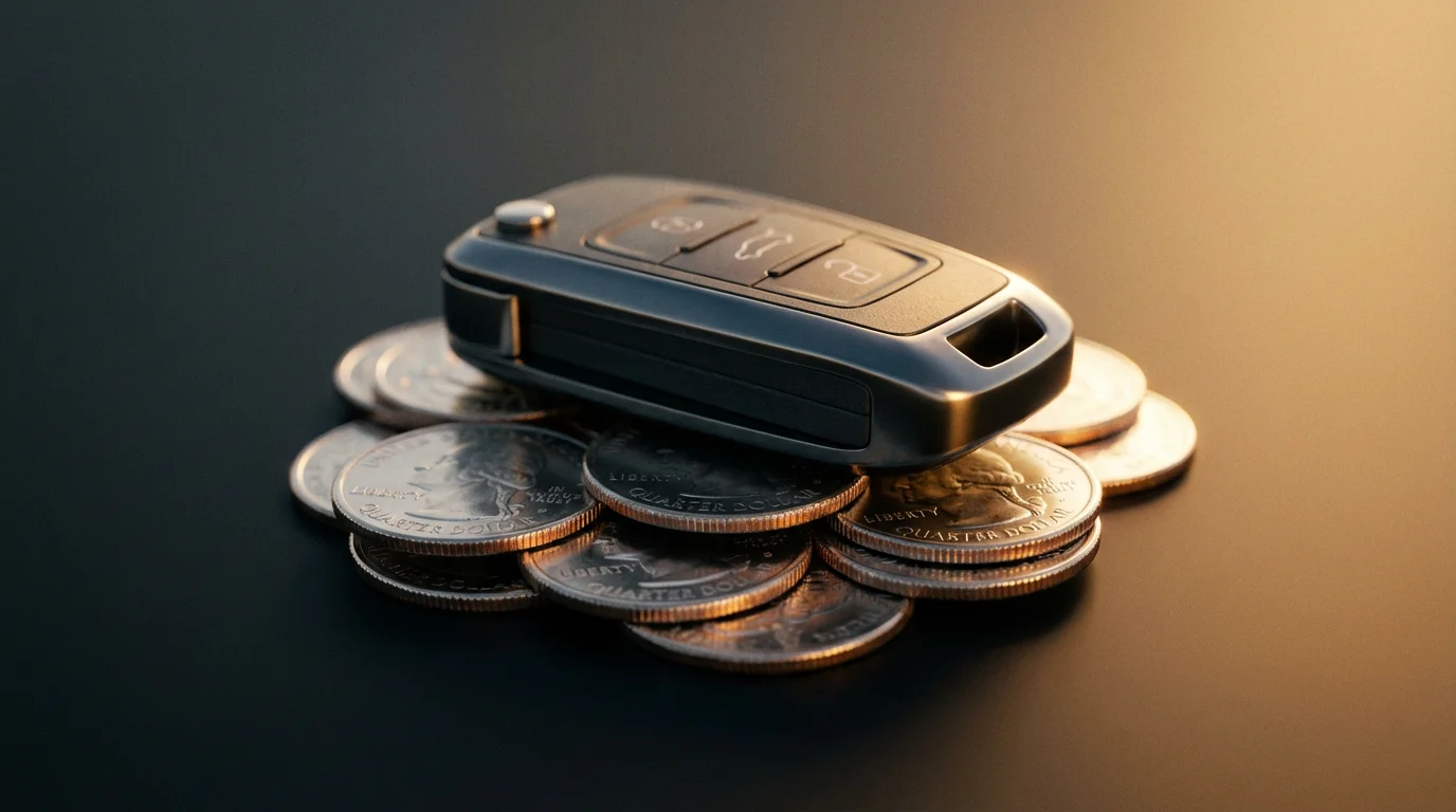 Close-up of a modern car key fob resting on a neat stack of coins.