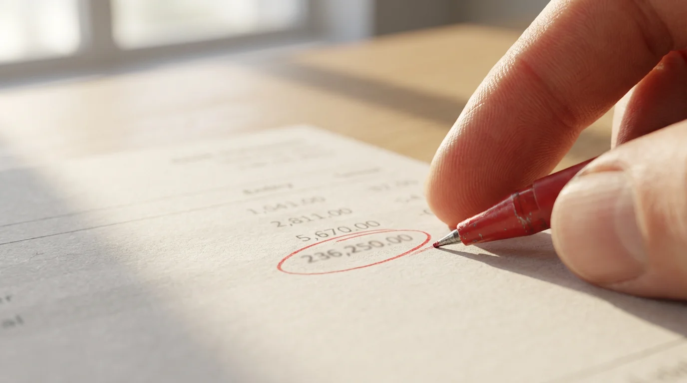 Close-up of a person reviewing a bank statement, circling an expense in red pen.