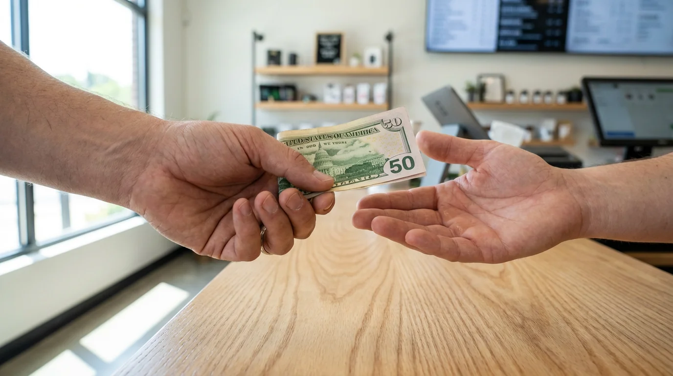 Close-up of a person's hand reluctantly handing a fifty-dollar bill to a cashier.