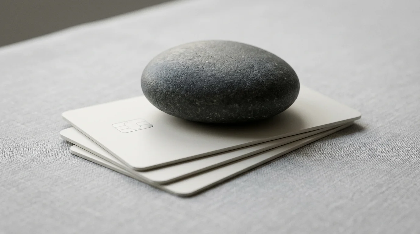 Close-up of a smooth grey stone resting on a stack of generic bank cards.