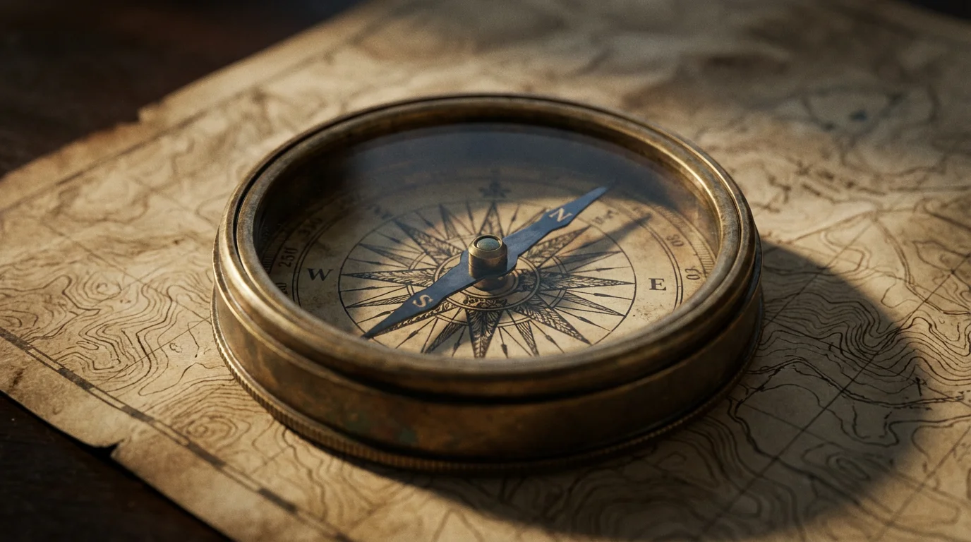 Close-up of a vintage brass compass on an unlabeled map with long afternoon shadows.
