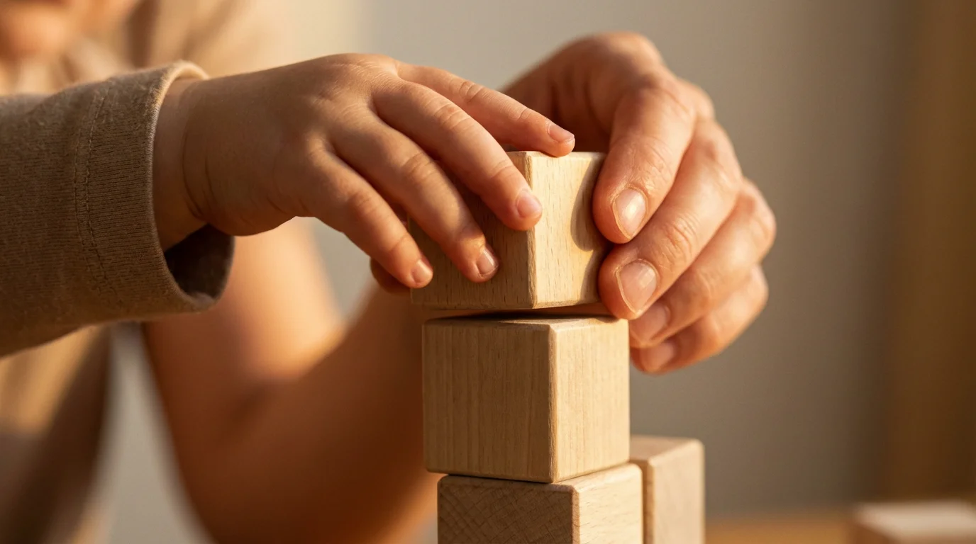 Close-up of an adult and child's hands stacking natural wooden blocks together.