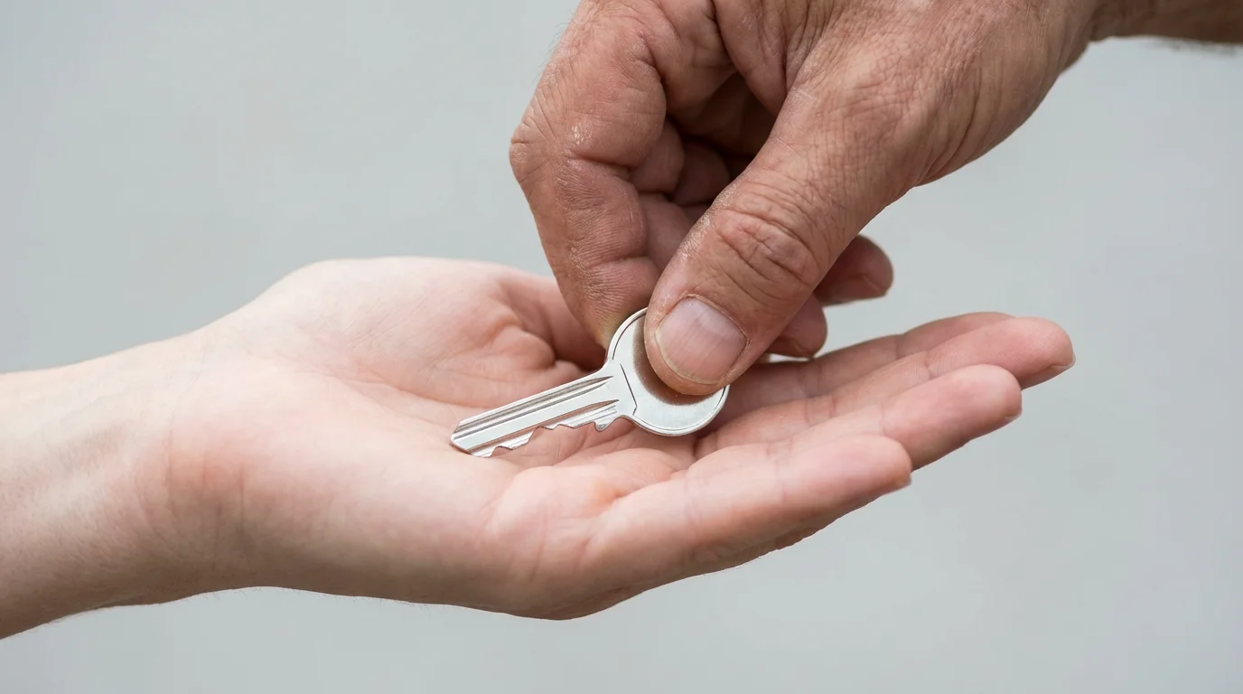 Close-up of an adult hand giving a silver key to a younger person's hand.