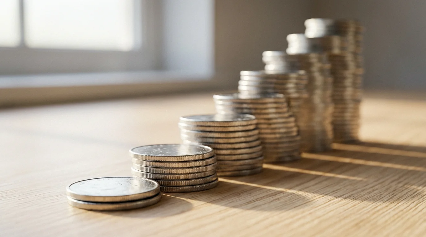 Close-up of coin stacks arranged in an ascending staircase, symbolizing increasing payments.