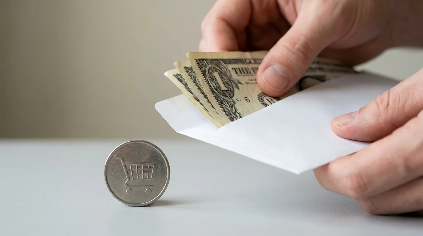 Close-up of hands putting cash into an envelope next to a grocery cart token.