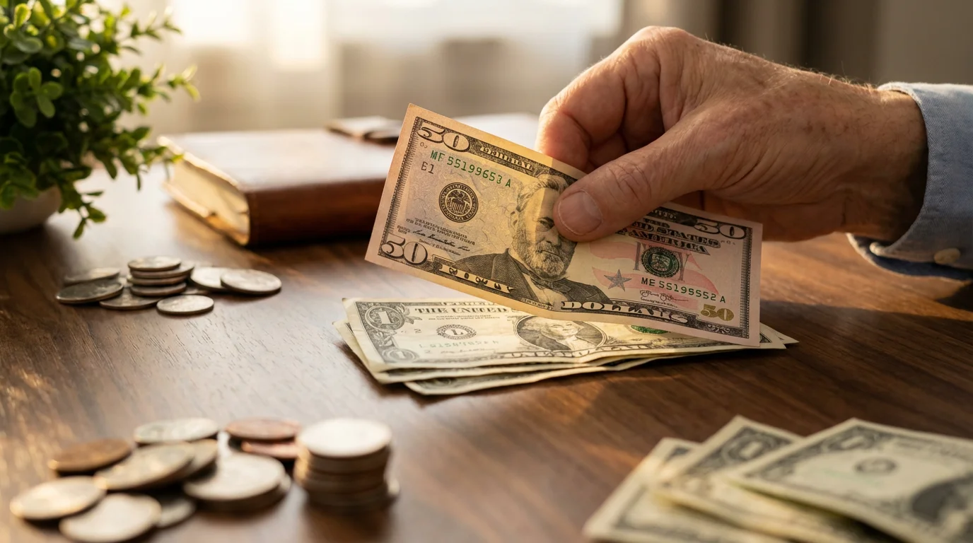 Close-up of hands sorting US currency on a wooden desk during golden hour.