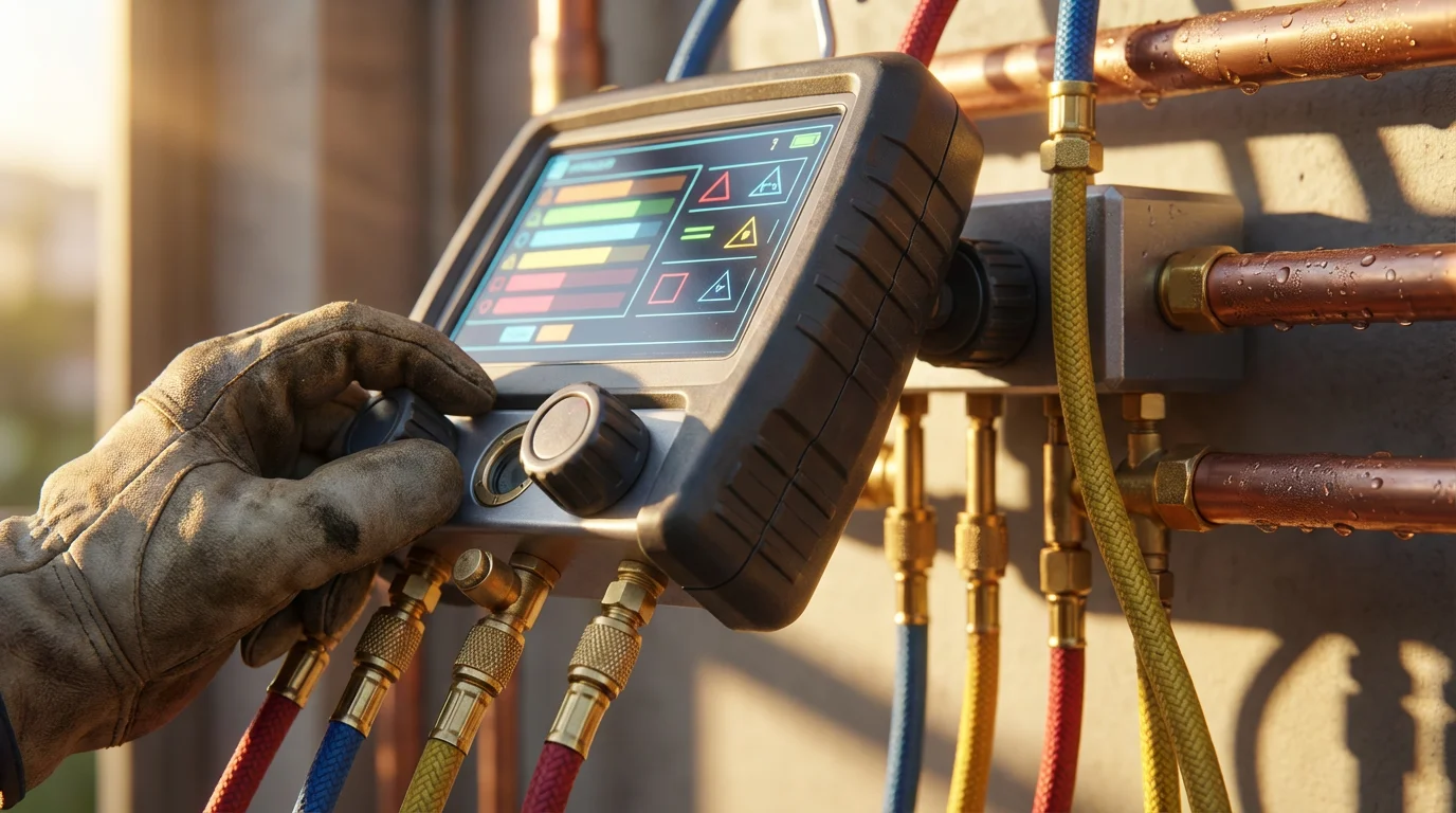 Close-up of HVAC technician's hand using a professional pressure gauge on an AC unit.
