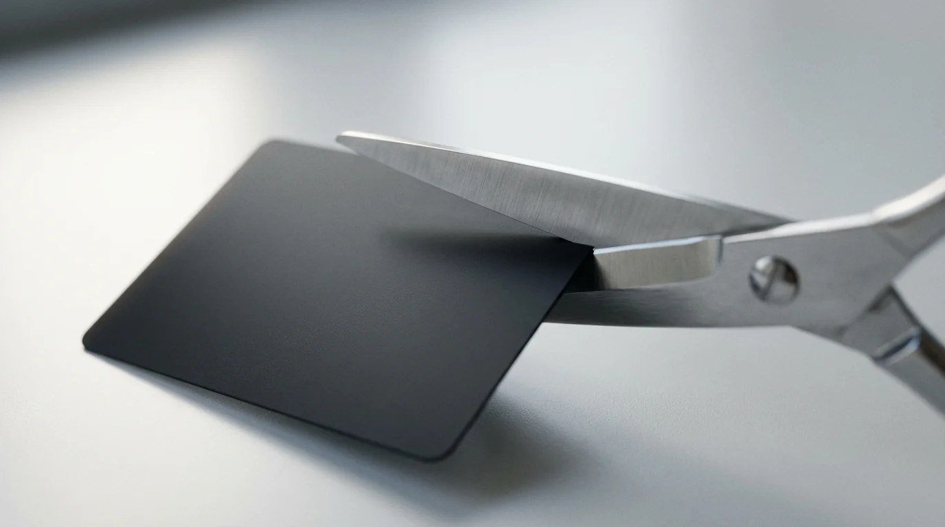 Close-up of modern scissors cutting a blank credit card to represent eliminating debt.