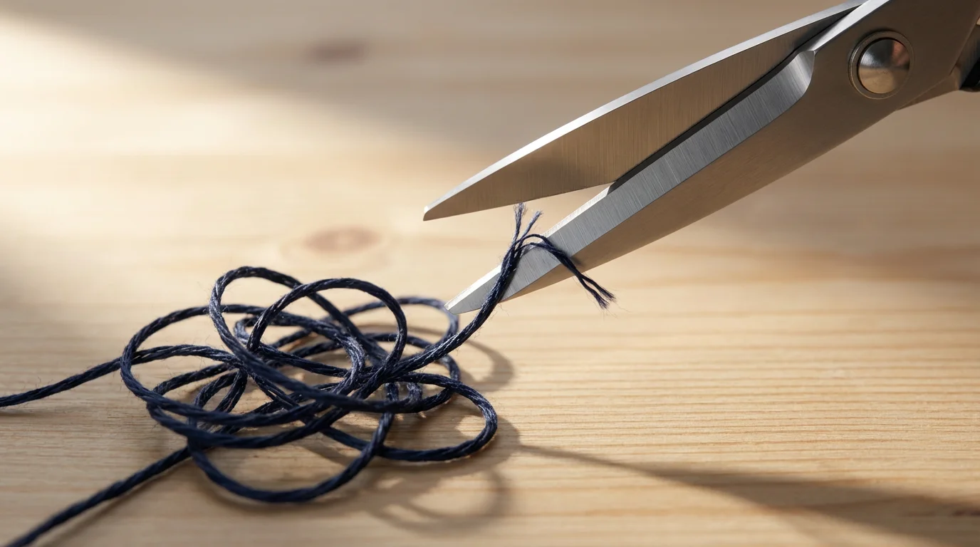 Close-up of modern scissors cutting a single thread from a complex, tangled knot.